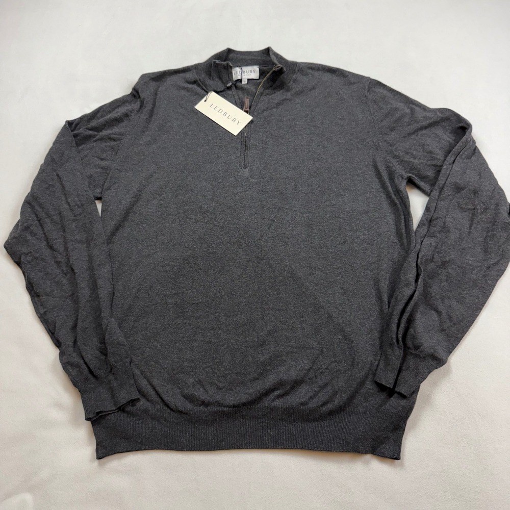 Ledbury Mens Medium Charcoal Grey 100% Cotton Quarter Zip Sweater Made in Italy